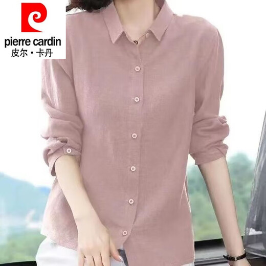 皮尔卡丹（pierre cardin）纯棉衬衫女2025年新款秋季纯色衬衫春秋宽松遮肉长袖衬衫女上衣 紫粉色 XL 建议111-125斤