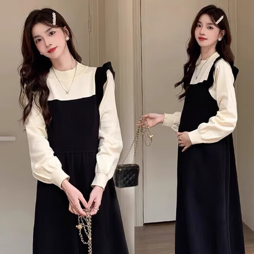Maternity dress spring and autumn French Hepburn style large size loose fake two-piece knitted skirt autumn and winter high-end black fake two-piece set L