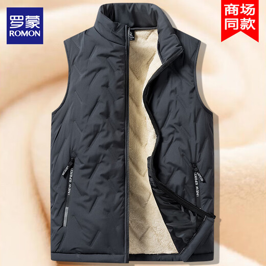 Lomon cotton vest men's autumn and winter new style plus velvet thickened dad winter clothing men's loose vest feather warm fleece jacket men's MJ696 black 2XL about 125-140Jin Jin equals 0.5 kg