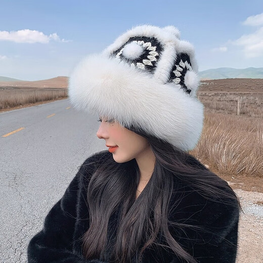 Yinghui's new temperament mink fisherman hat for women in autumn and winter, warm fox fur hat, cute face-showing small real fur lion hat, off-white, one size fits all