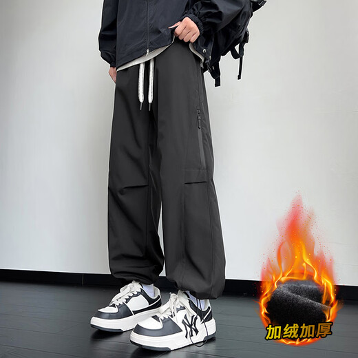 POUM American work pants men's winter velvet thickened warm loose windproof sports pants JRK112 black L