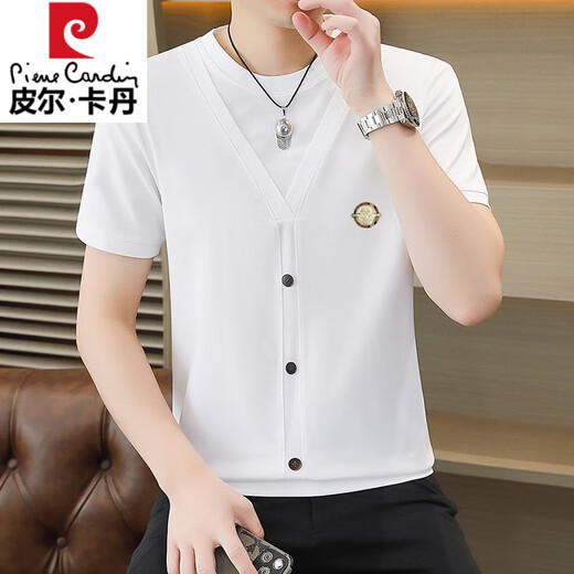 皮尔卡丹（pierre cardin）夏季冰丝针织假两件短袖T恤男韩版修身痞帅凉感薄款半袖体恤上衣 6626灰色 XL 125-140斤