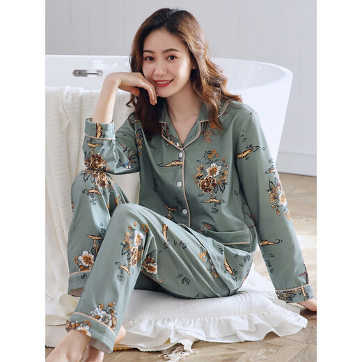 恒源祥（HYX）睡衣女春秋款长袖纯棉中年妈妈秋季全棉女士家居服春夏季薄款套装 XEQ-9276 L (165)