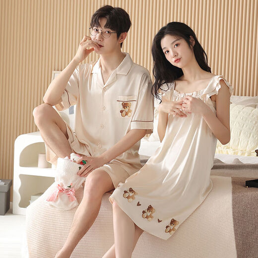 Clolv kiss CK light luxury pajamas for couples in summer thin ice silk for one man and one woman new suspender nightgown cute and sexy suit bear couple style with chest pad for one man and one woman M female + male L