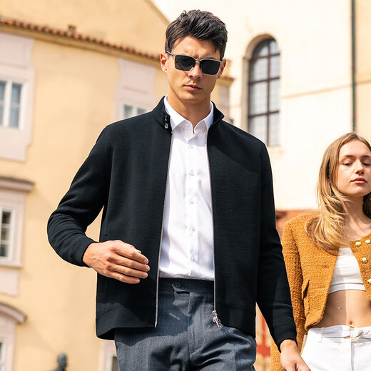 Mr. Bu Double Zipper Stand Collar Wool Cardigan 2025 Spring and Autumn Business Sweater Jacket BT15375 Clearance Piano Black 2XL (185)