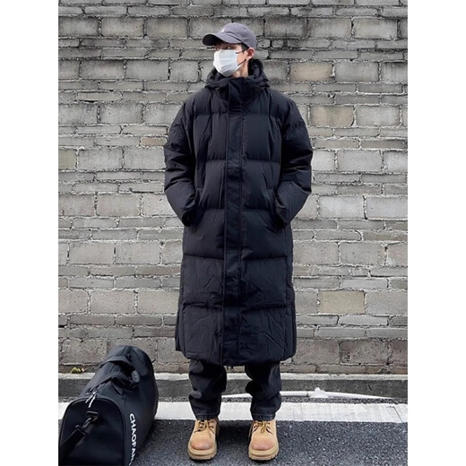 Maycaur black American hooded mid-length velvet cotton coat for men in winter thickened over the knee Northeast cold-resistant handsome coat black L _100-115Jin Jin equals 0.5 kg