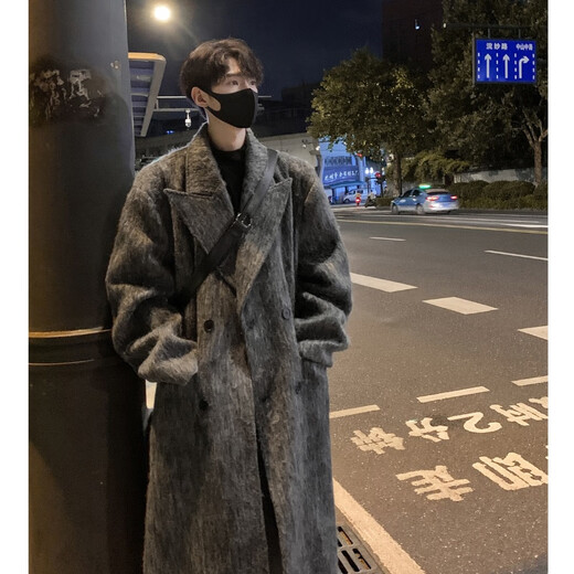 NEW OR MODE Heavy Korean style long woolen coat men's autumn and winter trendy brand loose coat vibe high street casual couple windbreaker dark gray XL