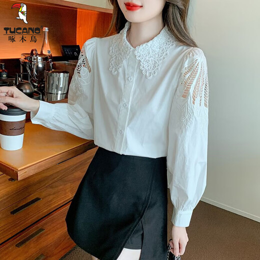 Woodpecker embroidered cotton shirt for women in spring 2024 new fashionable embroidered age-reducing shirt loose and versatile long-sleeved top CY9227 White M [Suggested 96-110Jin [Jin equals 0.5 kg]]