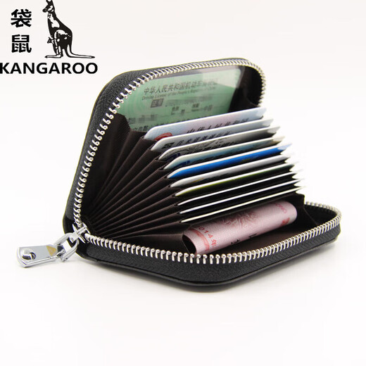 袋鼠（KANGAROO）名牌精致头层牛皮风琴卡包多卡位大容量防盗女士卡夹男卡片包真皮 黑色