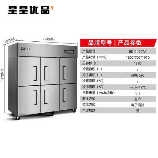 星星优品 1390升六门全冷冻厨房冰箱立式单温冷冻冷柜单温商用冰箱不锈钢冷冻保鲜柜 全铜管制冷 BD-1490TA