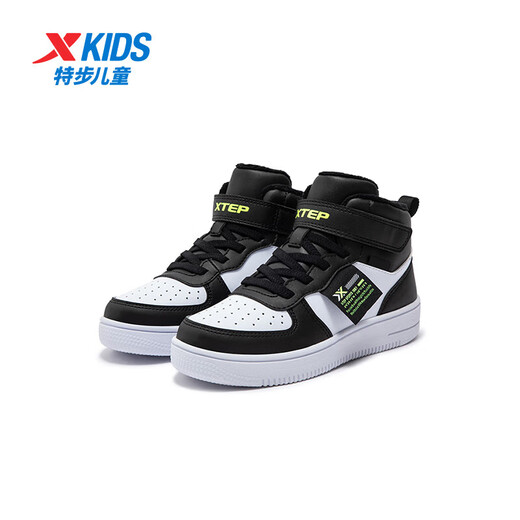 Xtep children's cotton shoes leather surface moisture-proof and stain-resistant high-top sneakers warm and comfortable Velcro high-top sneakers black/new white 31