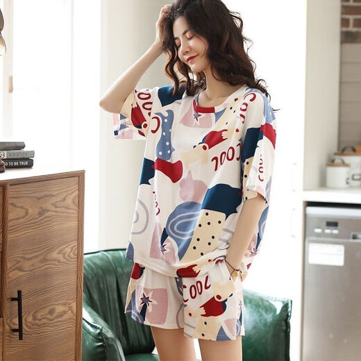 Pei Shiyan high-quality cotton pajamas for women in summer short-sleeved two-piece set cartoon sweet summer thin style can be rose color a9859 shorts XL 115-135Jin [Jin equals 0.5 kg]