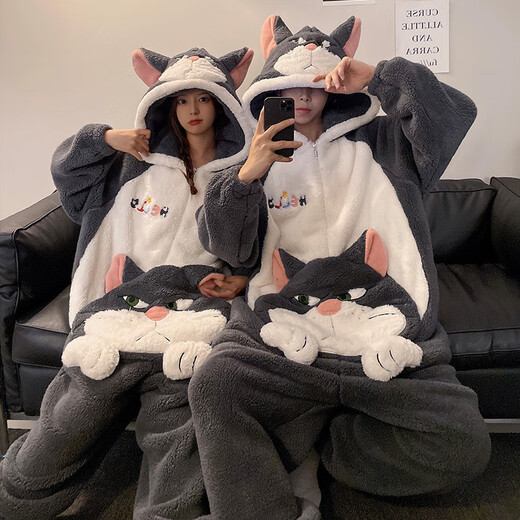 Skingcond autumn and winter coral velvet couple pajamas women's one-piece plus velvet thickened warm cartoon cute hooded home clothes can be worn outside Yellow Little Dinosaur L Women's 110-130Jin Jin equals 0.5 kg