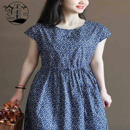Alley Q677 Sommer reines Baumwollblumen mit Rotatorenärmel Lose Retro Japanische Taillenlänge für Frauen, dunkelblau kleines Blumenmodell-Demonstration Code