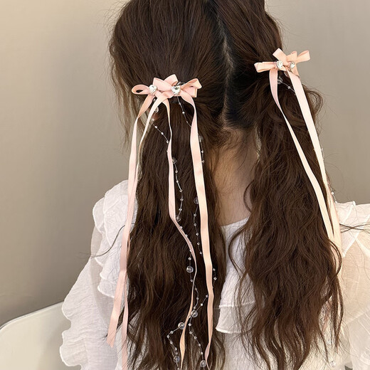 Haydou French ribbon beads long tassel bow hair clip ballet style braided pair sweet girl bangs hair clips beige tassel bow pair