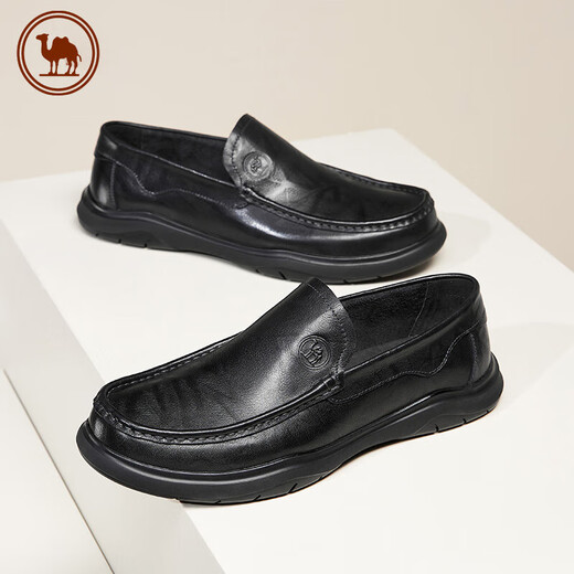 Camel Men's Patterned Cowhide Soft Sole Slip-ons Comfortable Business Casual Loaf Leather Shoes P14S155013 Black 41