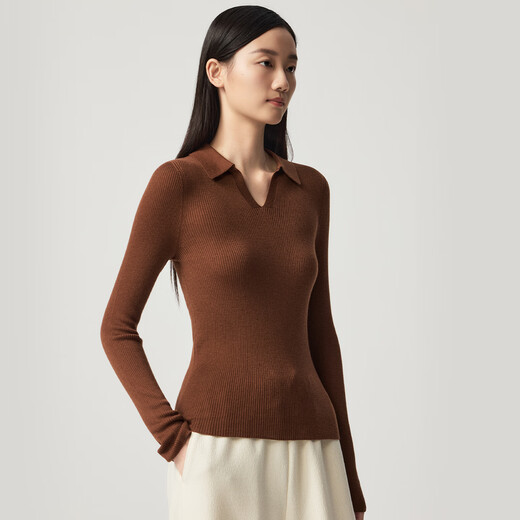 SNOW LOTUS bottoming shirt for women autumn and winter new style solid color V-neck pullover sweater for women simple versatile slim long-sleeved knitted chocolate color U530 L 110