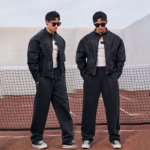 American leather jacket for men, handsome silhouette, exoskeleton, three-dimensional cutting, deconstructed zipper motorcycle, black M M