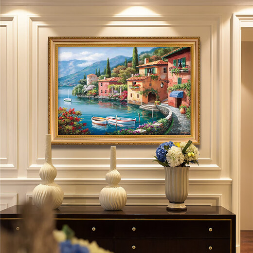 
Diqi Haibin Town Landscape Oil Painting Hand-painted Seascape Oil Painting European style entrance entrance decoration painting Living room and dining room hanging painting 692 gold solid wood frame 120X80