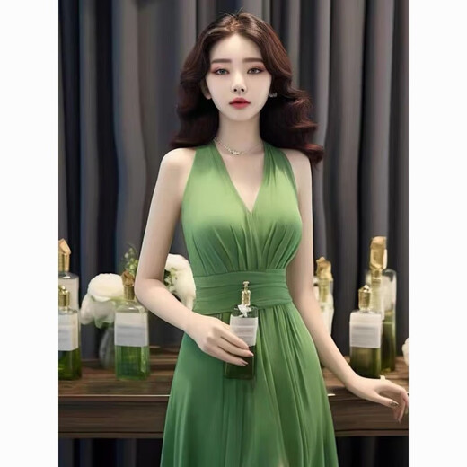忆静萱（YIJINGXUAN）遮肚性感漂亮修身显瘦长裙感绝美气质绿色无袖连衣裙子女夏季夜店 主图款 L 105-115斤