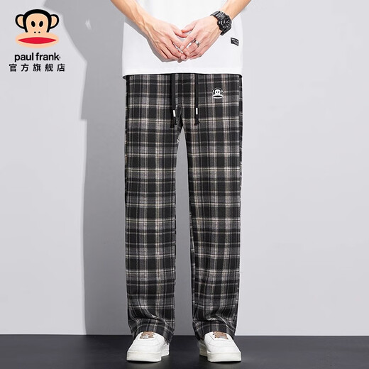 Big mouth monkey (paul frank) plaid casual pants for men in autumn and winter new style loose plus velvet thickened straight versatile sports fashion brand high street pants black 6632H official genuine XL recommended 125-140Jin Jin equals 0.5 kg