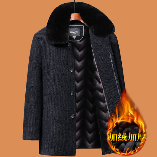 Middle-aged and elderly men's winter coat outer suit for dad 50 years old 60 years old grandpa plus velvet thickened 70 elderly cotton clothes 80 cotton clothes large fur collar black blue 185/XXL suitable for 135-150Jin Jin equals 0.5 kg one size