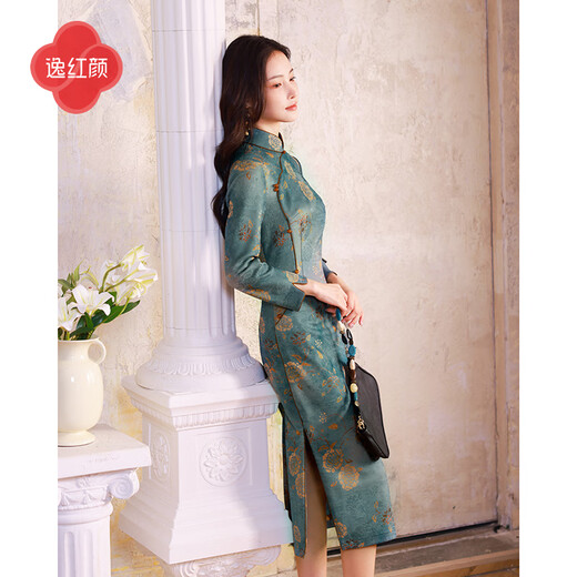 E.Beauty Luoran 2025 Autumn New Thick Knitted Jacquard New Chinese Style Elegant Literary Cheongsam for Women Blue Green M