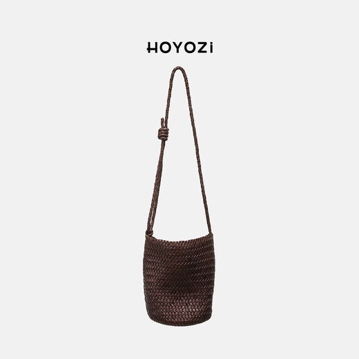 HOYOZI first-layer cowhide hand-woven bag women's summer shoulder crossbody bucket bag coffee color pre-sale first-order first-layer cowhide, purely hand-woven