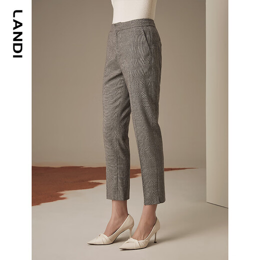 LANDI Checked Wool Suit Pants Women's New Winter Dark Gray Slim Fit Pants Trousers Gray Brown L