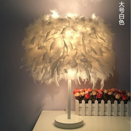 曜添创意简约欧式羽毛台灯卧室床头公主婚房温馨LED生日礼物玫瑰台灯 中号白杆桃红色羽毛 调光开关