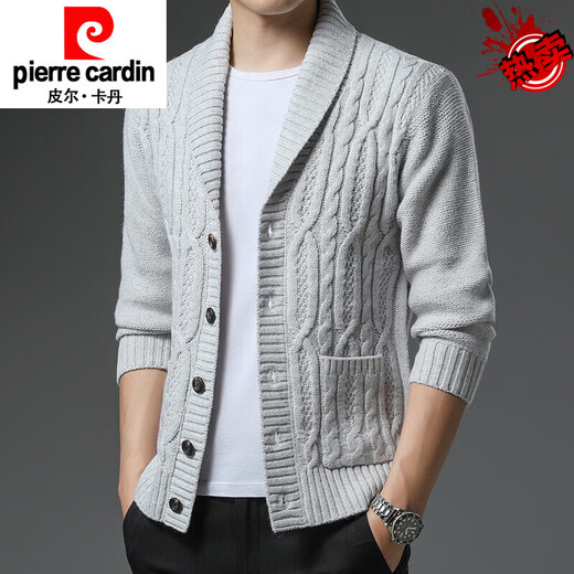 Pierre Cardin Men's Sweater Casual Knitted Cardigan Thickened Spring and Autumn New Warm Green Fruit Collar Wool Loose Jacket 2203-Gray 2XL 151-170Jin Jin equals 0.5 kg