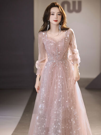 Lingka Qi Banquet Evening Dress Women's Evening Dress Women's Banquet Light Luxury Niche High-end High-end Pink Hosting Annual Meeting Vocal Art Pink Long XL