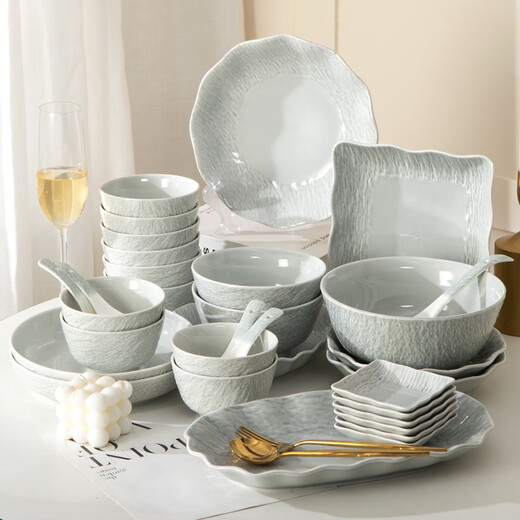 Dish and plate household tableware set 2024 new light luxury ins style simple modern Japanese housewarming underglaze dishes modern gray 38 pieces standard pack (dishwasher
