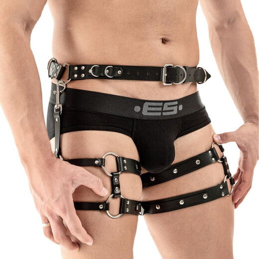 Confidential delivery of men's super sexy leggings, thong strap underwear, large camisole, chest strap, tight muscles, suspender top + shorts + neck ring three-piece set