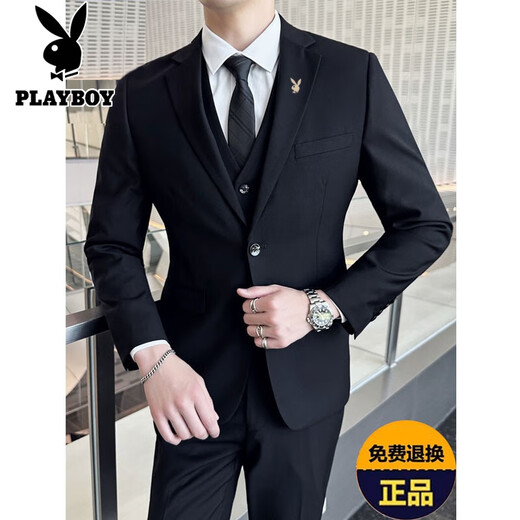 Playboy костюм мужской бизнес-стройный костюм Профессиональный костюм маленький костюм Лучший мужчина свадебное платье с тремя частями черное двойное костюм + жилет + рубашка + большой подарочный пакет xl [115-130Jin [Jin равно 0,5 кг]]]]