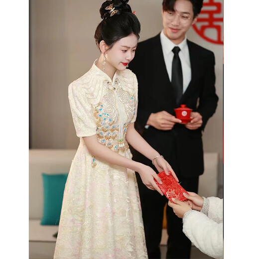 麦斯贝思新中式2025新款旗袍敬酒服新娘小个子订婚礼裙女晚礼服平时可穿 香槟色 S（建议86-95斤)