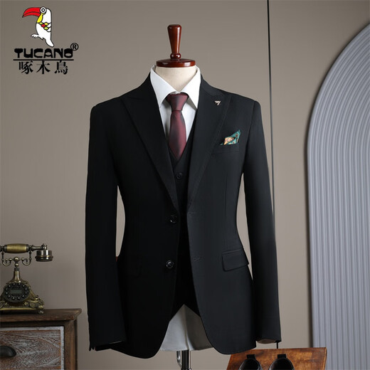 Woodpecker (TUCANO) fashionable Korean suit men's three-piece wedding groomsmen suit professional formal work suit men's suit 9992 black (suit + trousers) 52/XL (125-135 Jin Jin equals 0.5 kg)