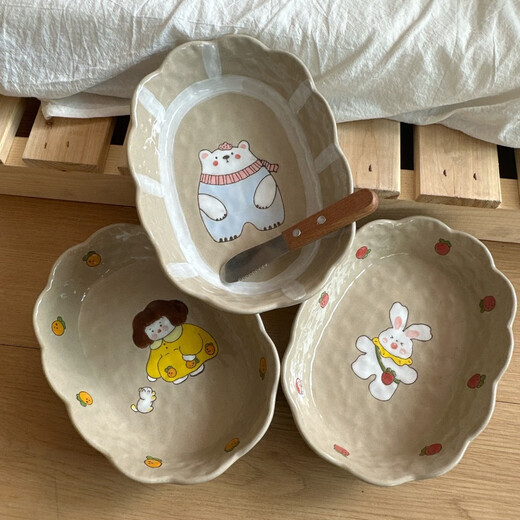 Dog bowl, cat bowl, ceramic cartoon, cute dog food bowl, rice bowl, snacks, water bowl, large capacity, anti-black chin, not easy to knock over, bear, cup not included, M size 21.5*15.5*5cm