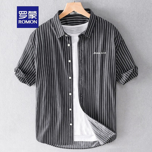 罗蒙（ROMON）日系条纹刺绣短袖衬衫男夏装新款休闲文艺上衣宽松半袖潮流衬衣潮 9721黑色 M100-120斤左右