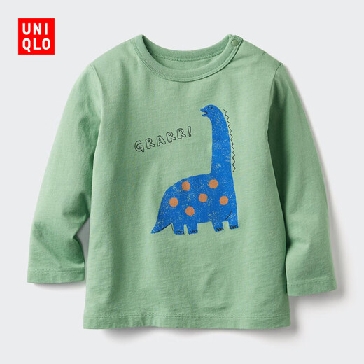 Uniqlo Infant and Toddler Round Neck T-shirt/Long Sleeve Dinosaur Print Pattern 25 Autumn and Winter New Style 479658 53 Grass Green 80