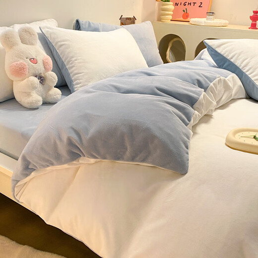 Fu丨Anna milk velvet four-piece set winter 2025 new coral velvet quilt cover bed sheet three-piece set milk white + baby blue bed sheet style 1.5m four-piece quilt cover 180*220