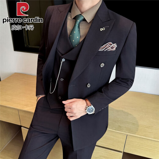 Pierre Cardin beaded lapel collar dark striped double-breasted suit men's suit business formal decoration height quality suit three-piece black (single suit) free tie XL (125-140Jin Jin equals 0.5 kg)