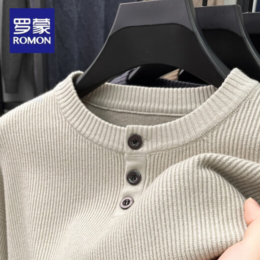 ROMON Henley collar long-sleeved T-shirt men's long-sleeved autumn new jacquard inner layering shirt round neck men's sweater black XL 52