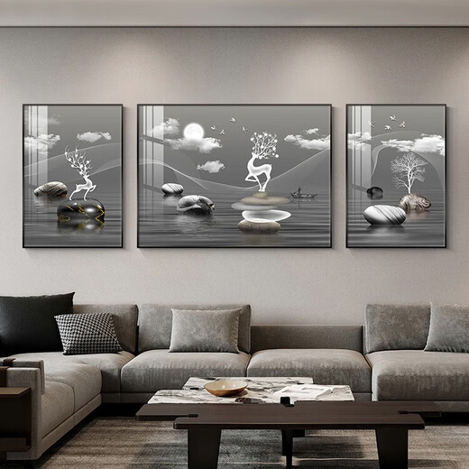 
Chengzi's high-end sofa background wall decoration paintings, light luxury high-end living room hanging paintings, elk triple paintings, murals, atmospheric wall paintings, K11972, 50*70 left and right 90*70 crystal porcelain metal black frame