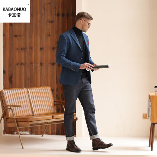 Kabaonuo autumn and winter wool thickened woolen blue casual suit jacket men's tweed British yuppie suit single suit autumn and winter peacock blue single suit slim version 42