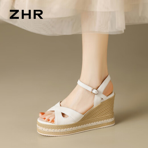 
ZHR head layer cowhide sandals for women thick sole wedge shoes for vacation cross straps for women S169 beige 36