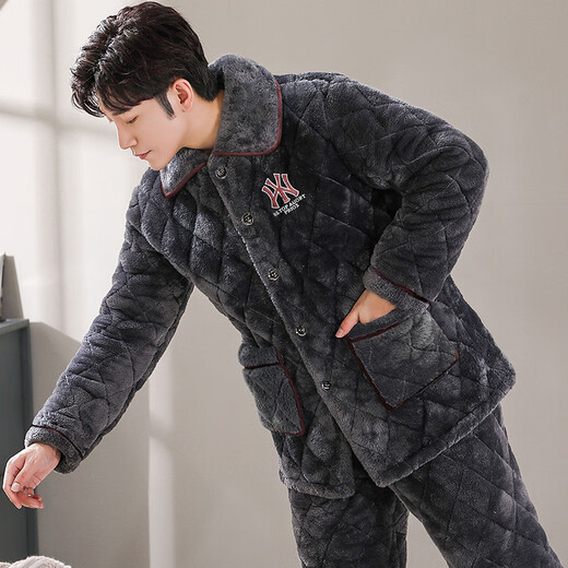 Pajama de hombres de Modallo en invierno en terciopelo de coral de invierno de algodón de tres capas en terciopelo engrosado de algodón en otoño e invierno Conjunto de ropa casera cálida C9902# Azul Velvet de leche para hombres L 100-125Jin [Jin equivale a 0.5 kg]