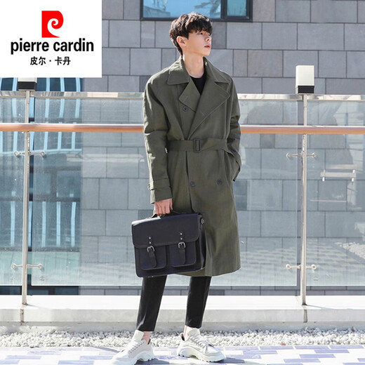 Pierre Cardin men's mid-length trendy windbreaker men's spring and autumn British style handsome men's high-end large size double-breasted jacket military green 2XL