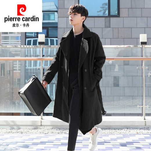 Pierre Cardin men's mid-length trendy windbreaker men's spring and autumn British style handsome men's high-end large size double-breasted jacket military green 2XL