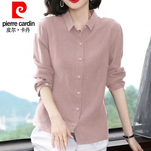 皮尔卡丹（pierre cardin）纯棉衬衫女2025年新款秋季纯色衬衫春秋宽松遮肉长袖衬衫女上衣 紫粉色 XL 建议111-125斤
